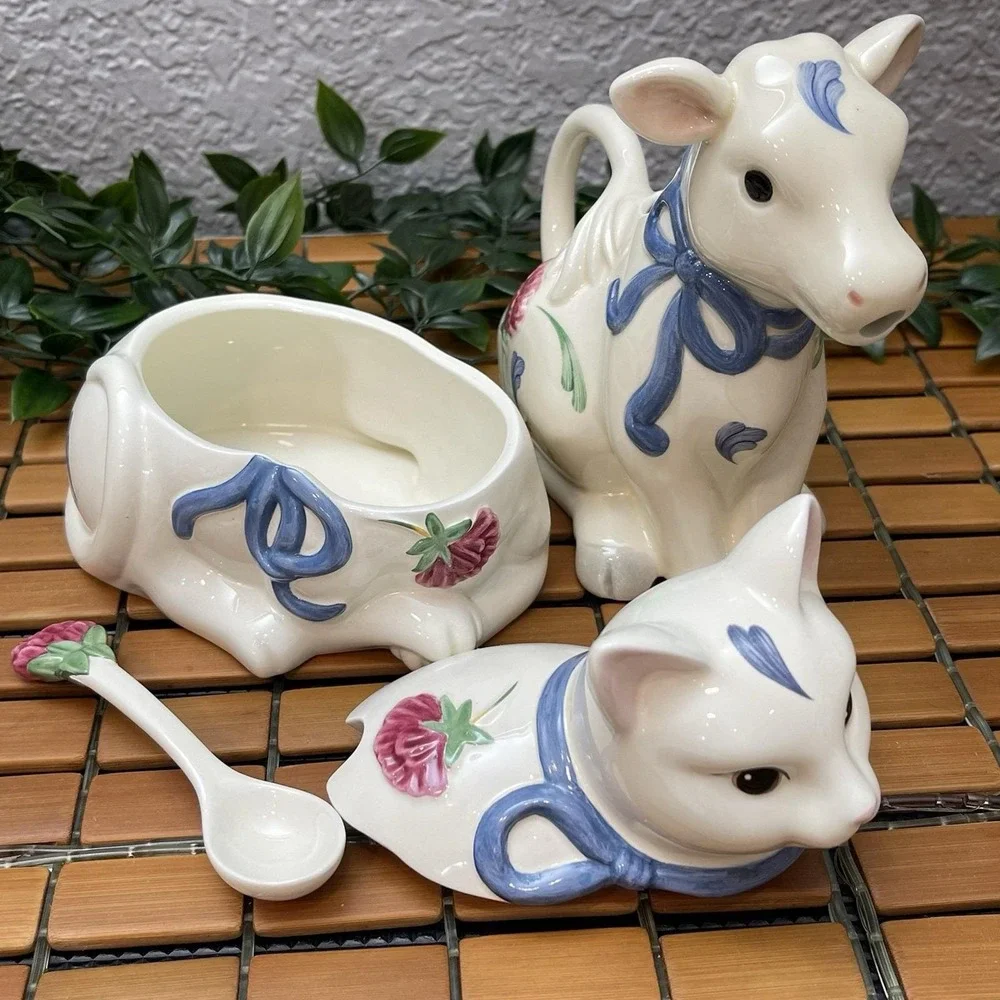 Vintage Lenox Poppies on Blue Cow Creamer Kitty Cat Sugar Bowl Barnyard Set 1998